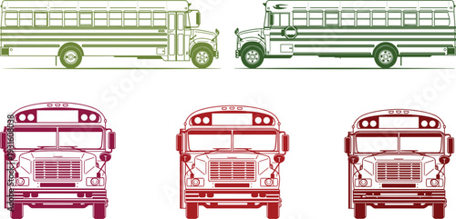 Set of diverse school bus illustrations featuring side and front views in green and red gradients, perfect for education and transportation.