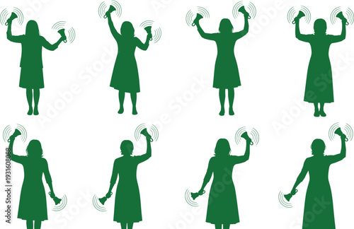 Set of eight green silhouettes featuring women in dresses ringing hand bells, diverse poses of female figures holding musical bells with sound waves.