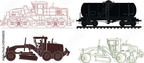 Set of Heavy Machinery and Industrial Vehicle Illustrations Including Locomotive Train Tanker Wagon and Motor Grader Outlines for Engineering Design