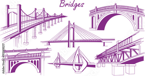 Set of purple bridge illustrations featuring various architectural designs including suspension, cable stayed, arched, and modern steel truss structures on white background.