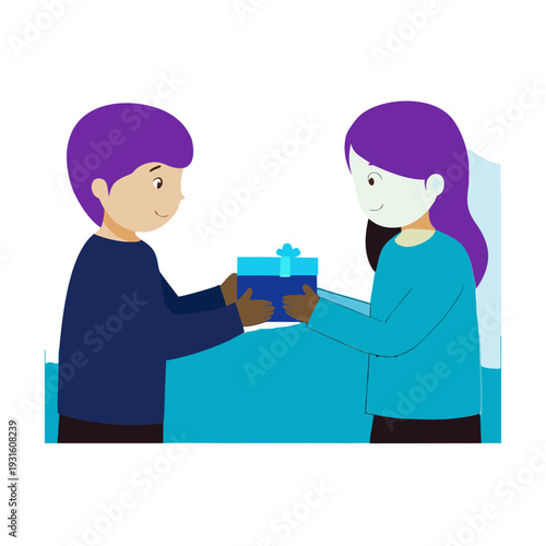 Brother and sister exchanging beautifully wrapped Eid gifts at home, festive family celebration, Islamic holiday happiness, cheerful siblings giving presents, traditional cultural festivity moment