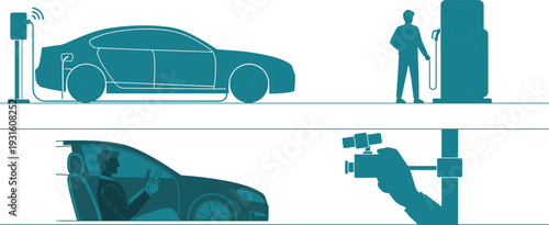 Set of teal illustrations showcasing electric vehicle charging technology, featuring a car at a charging station, a technician, and interior dashboard.