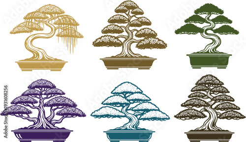 Set of six colorful bonsai tree illustrations in various styles and pots, traditional Japanese miniature trees featuring detailed foliage and curved trunks.