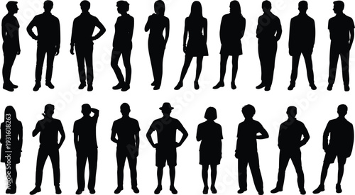 People silhouettes collection set, diverse men and women standing in various poses, casual group figure group
