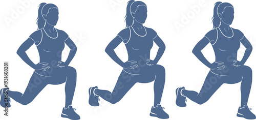 Set of three blue fitness silhouettes featuring a young woman performing lunges, athletic female exercise sequence for workout and healthy lifestyle.