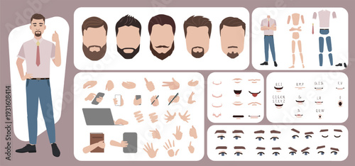 Business man avatar creation suitable for animation. Generator, constructor of diverse views of face, body, hands and leg parts. Male character construction for comfortable fast motion design.
