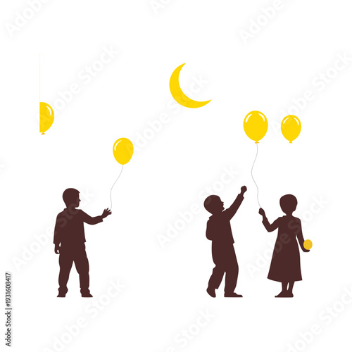 Children playing outdoors with colorful crescent-shaped balloons, joyful fun activity, festive decoration, summer party, birthday celebration, happiness, kids enjoying bright balloon playtime together