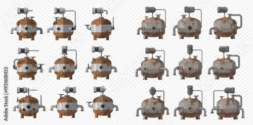 Industrial storage tanks and containers with various designs and levels of rust, isolated on a transparent background.