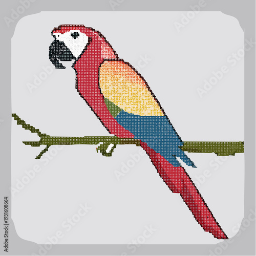 Vibrant Scarlet Macaw Parrot Perched on a Branch, Exotic Avian Wildlife Illustration