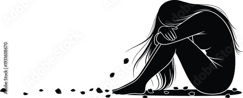 Depressed woman sitting alone silhouette sadness loneliness mental health anxiety stress emotional pain vector illustration concept