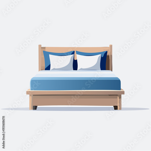 Comfortable Bed With Pillows and Blue Bedding, Simple Furniture Illustration