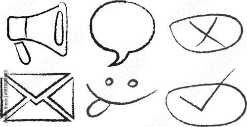 A set of six simple line icons for communication and status