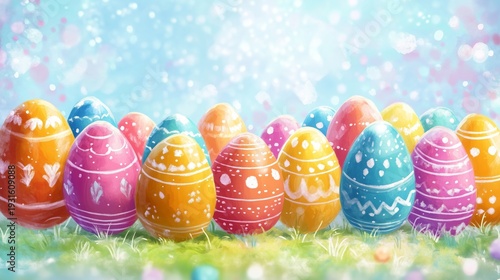 Colorful Eggs Decorated for Easter Celebration on a Bright Background With So...