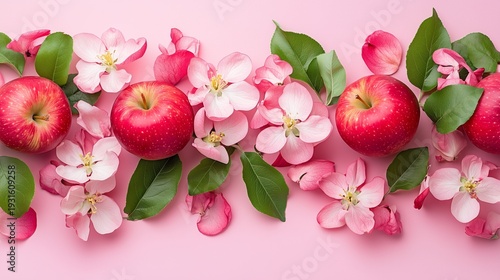 Fresh Apples and Flowers Placed on a Pink Surface in a Neat Arrangement