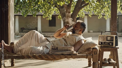 Senior indian man enjoys a tranquil moment sipping tea on a traditional charpai outdoors, beside a newspaper and retro radio, capturing authentic village daily life.