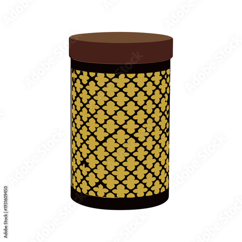 High-end cylindrical Eid gift container with intricate embossing, luxury packaging, festive Ramadan design, premium decoration, elegant ornate box for celebration gifting
