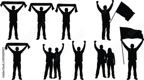 Football fans silhouettes cheering with scarves and flags supporter crowd celebration victory team spirit stadium people vector set
