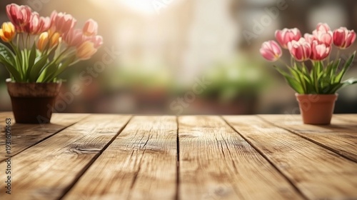 Colorful Tulips in Pots Placed on a Wooden Table in a Garden During Daylight