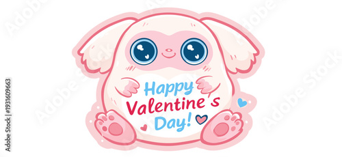 Cute cartoon animal holding a pink sign for Valentine's Day celebration. Cute big-eyed animal delivering Happy Valentine's Day message
