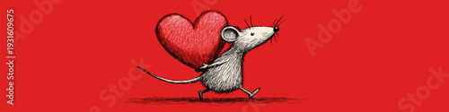 Cartoon gray rat running with a large red heart on a solid red background. Cute gray rat carrying red heart running