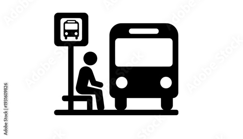 Bus stop icon with passenger waiting and transit sign silhouette
