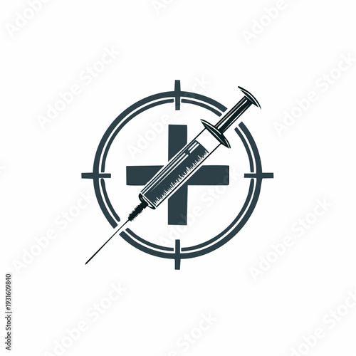 Precision medical injection symbol with syringe and crosshairs representing targeted healthcare or vaccination development
