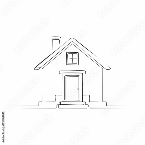 Modern abstract continuous stroke artwork showcasing a traditional domestic building with a pointed roof and front door, representing home and property concepts