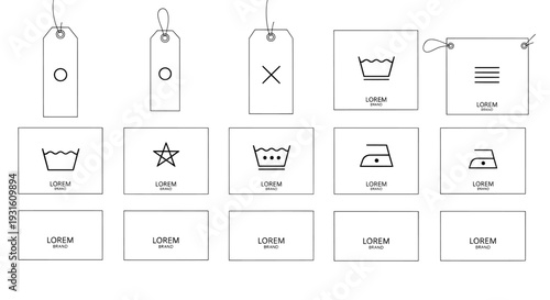 Clothing tag set with laundry care symbols and garment hanging labels

