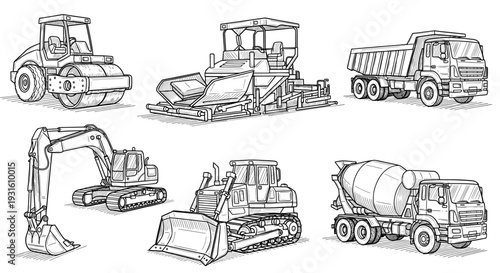 Construction vehicle set with excavator bulldozer and cement mixer
