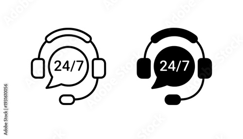 Customer support icon set with headset and 24/7 service symbols
