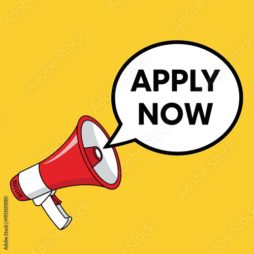 Red Megaphone with 'Apply Now' Speech Bubble on Bright Yellow Background for Job Application Advertisement