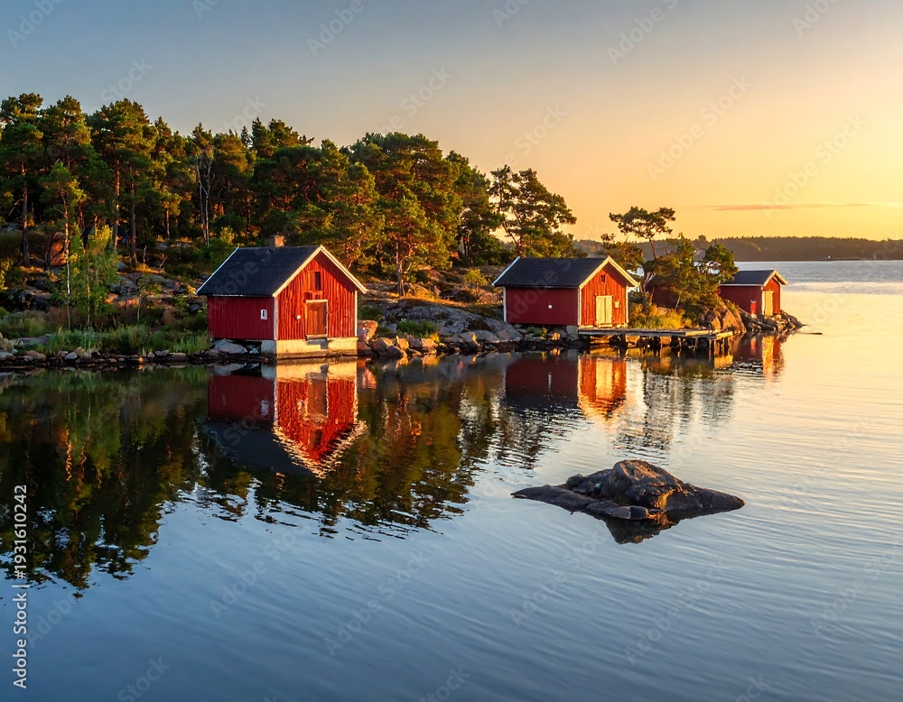 Obraz premium Scenic shot of red cabins by calm water during sunset with lush greenery and reflections