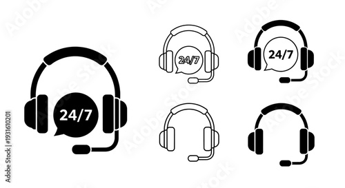 Customer support icon set with headset and 24/7 service symbols
