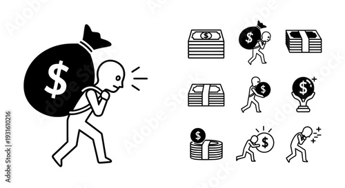 Money and finance icon set with dollar bag coins and saving charts
