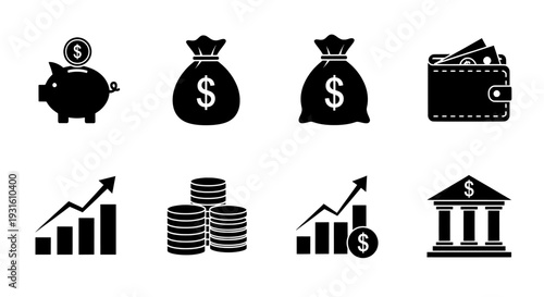 Banking and finance icon set with piggy bank wallet and growth charts
