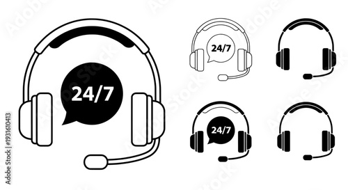 Customer support icon set with headset and 24/7 service symbols
