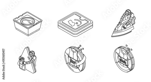 Isometric laundry care icons with washing machine ironing and bleach symbols
