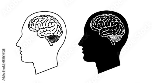 Human head silhouette with brain illustration for mental health and psychology
