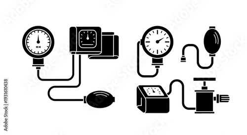 Blood pressure monitor icon set with sphygmomanometer and cuff
