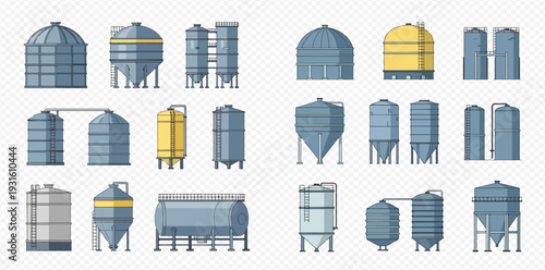 Industrial storage tanks and silos for agriculture, water, and chemical products, set of vector illustrations.