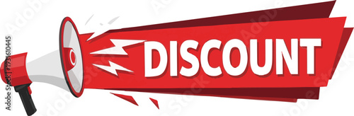 Red megaphone announcing discount with white text and abstract shapes announcement