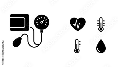 Blood pressure monitor icon set with heart rate and thermometer symbols
