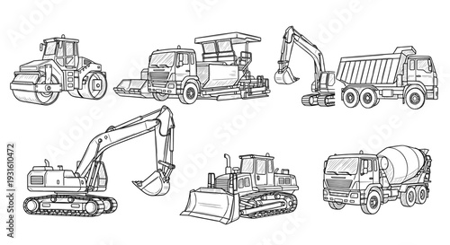 Construction vehicle set with excavator bulldozer and cement mixer
