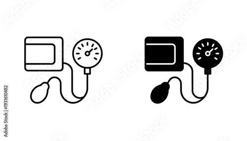 Blood pressure monitor icon set with sphygmomanometer and cuff
