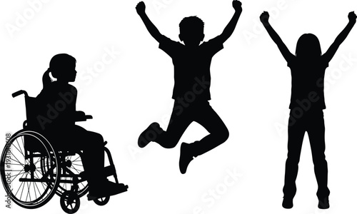 Happy children silhouettes jumping with disabled child in wheelchair inclusion diversity friendship support equality childhood activity vector illustration