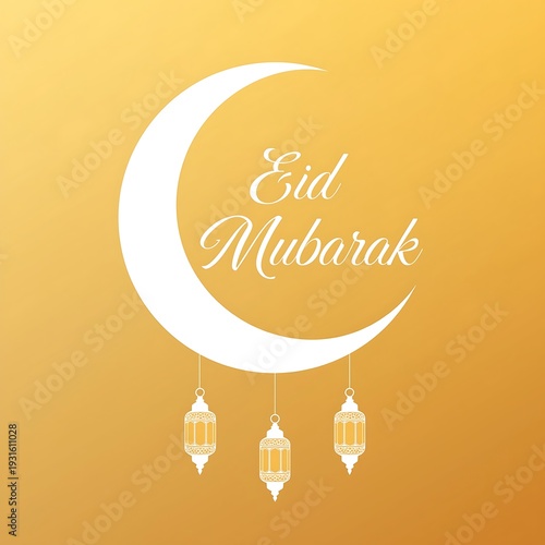 Bright and cheerful Eid Mubarak graphic featuring a white crescent moon and lanterns on a warm yellow background