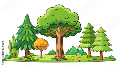 A serene forest scene with trees, a picnic setup, and a small stream. isolated on white background, Vector