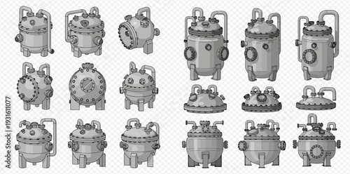 Set of various industrial chemical reactor vessels and tanks for manufacturing processes in factories.