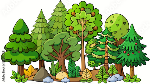 A serene forest scene with autumnal touches and a small gathering of people by the trees isolated on white background, Vector