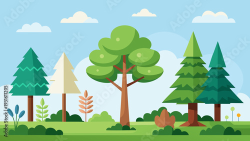 A cheerful forest scene with a person enjoying a sunny day among tall trees isolated on white background, Vector